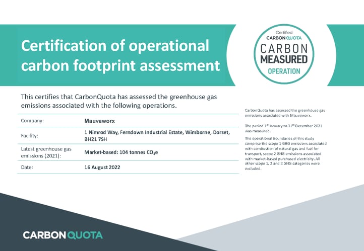 CarbonQuota Mauveworx Certificate